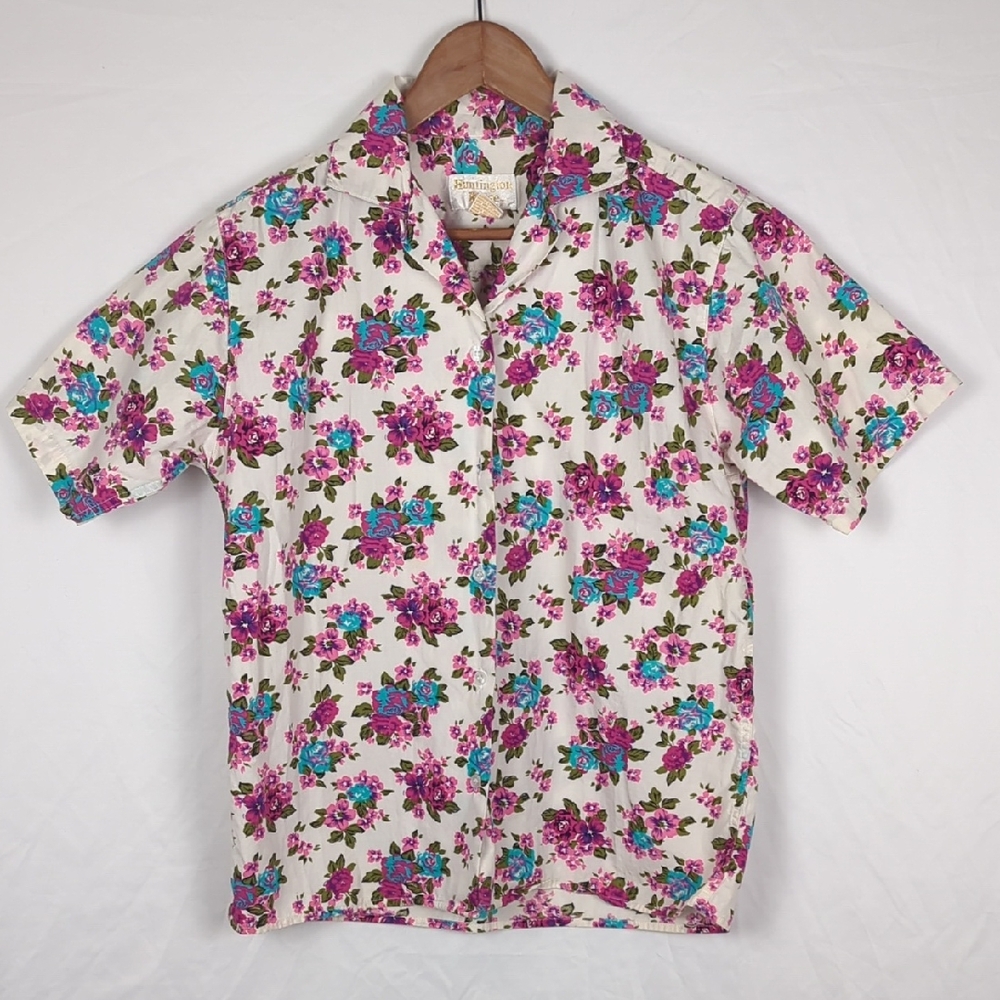 VINTAGE Huntington Ridge Women's Short Sleeve Pink Floral Blouse